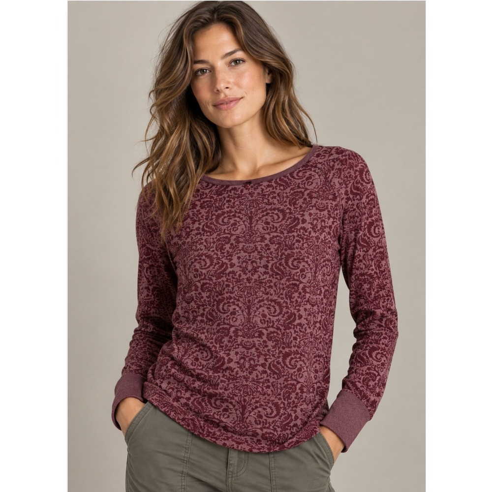 Prana Waffle Knit Damask Top Large Burgundy Long Sleeve Gorpcore Earthy Yoga